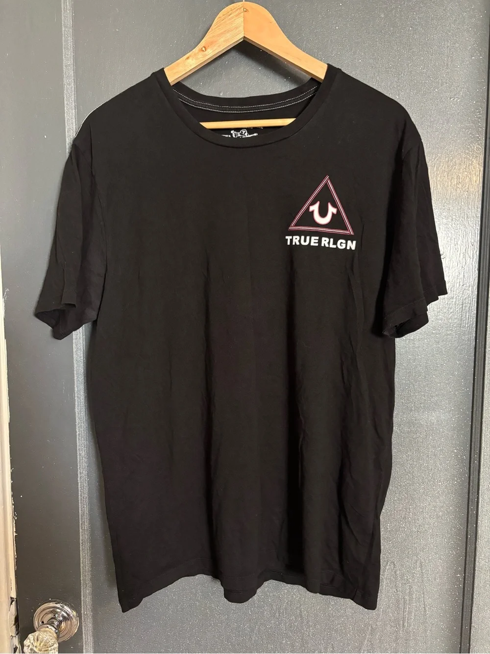 True Religion Black Short Sleeve Tee with Pink Triangle Logo